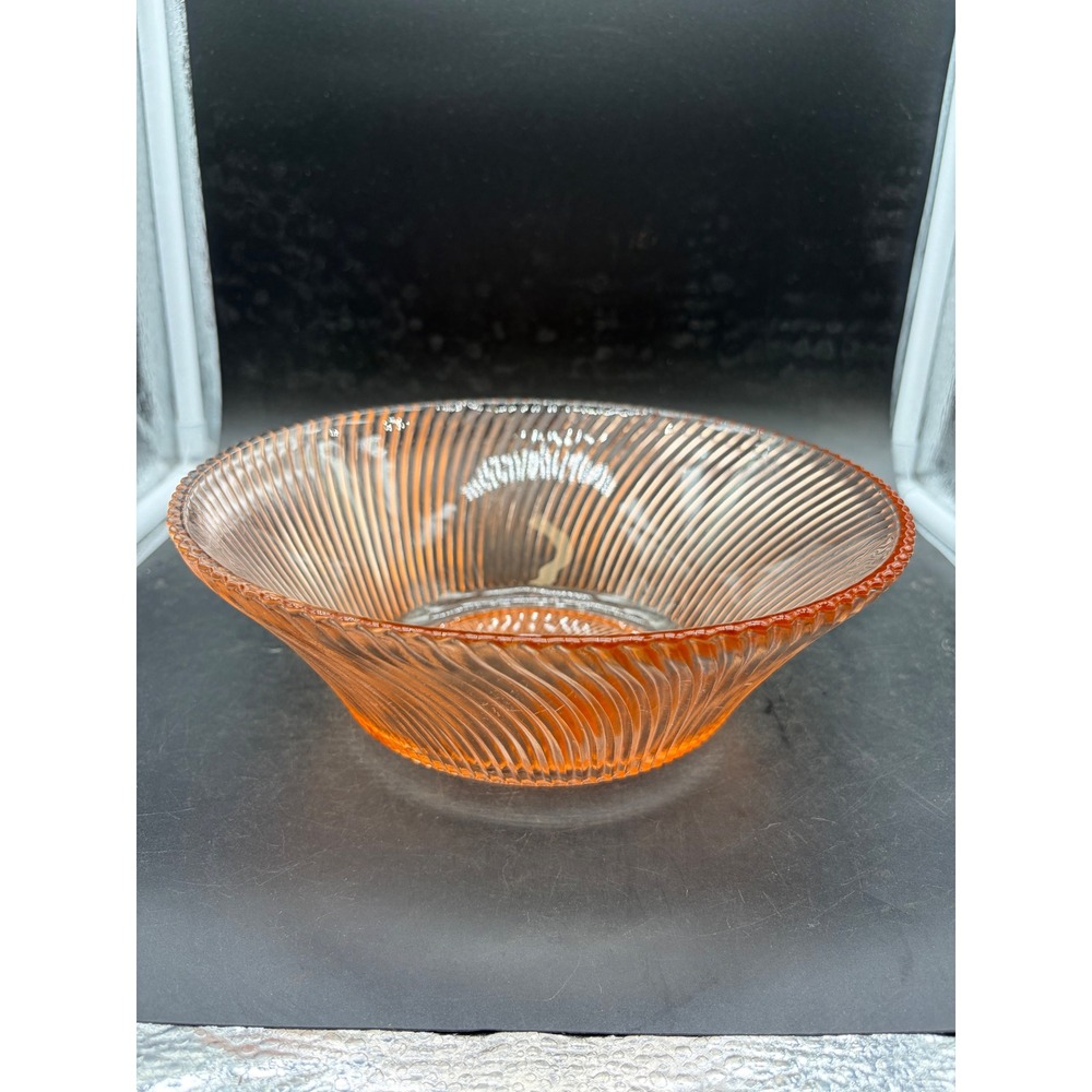 Vintage Pink Depression Glass Swirl Ribbed Serving Bowl Scalloped Rim Peach